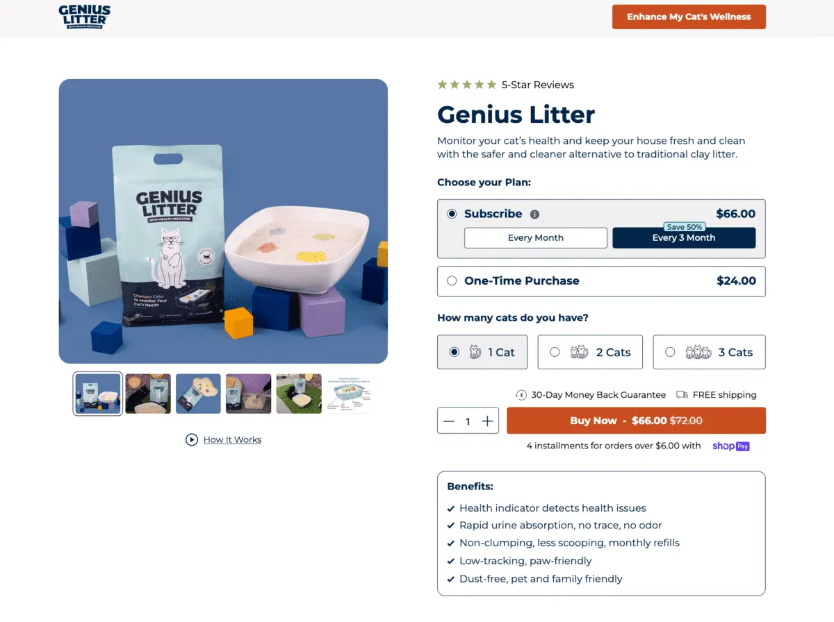 This image shows Genius Litter landing page example.