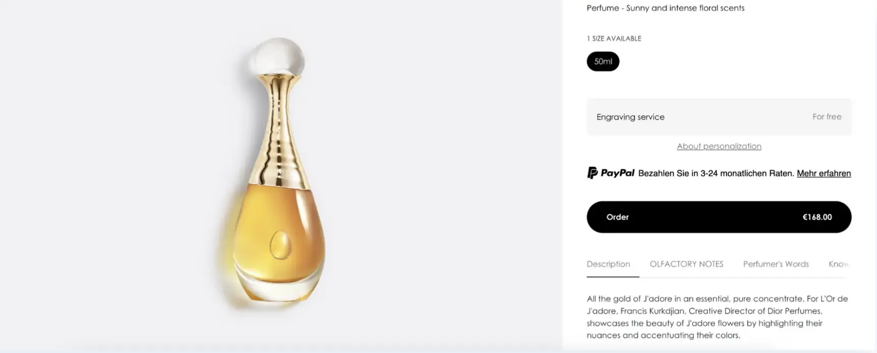 This image shows J'adore by Dior product landing page example.