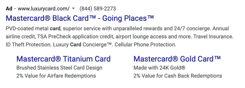 This image shows Mastercard dynamic search ad example.