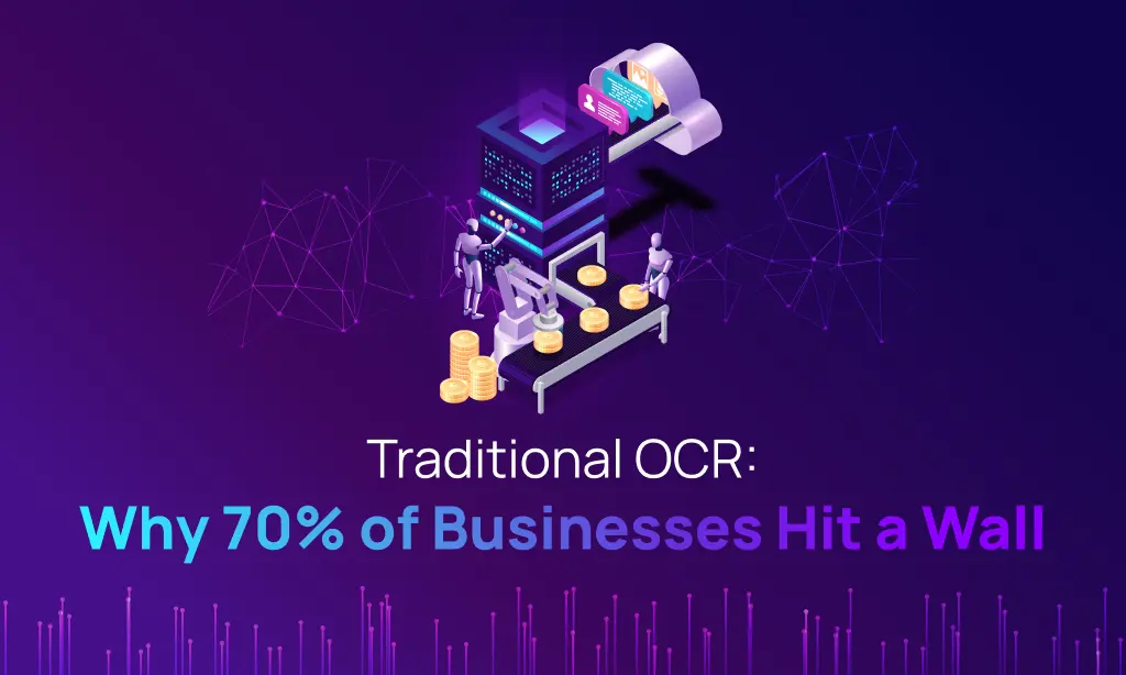 3D graphic of a rigid legacy server system, illustrating why 70 percent of businesses hit a wall when relying on traditional OCR for data extraction.