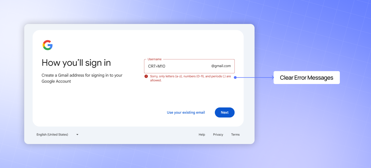 Google sign-in form showing a clear specific error message explaining exactly what input is required