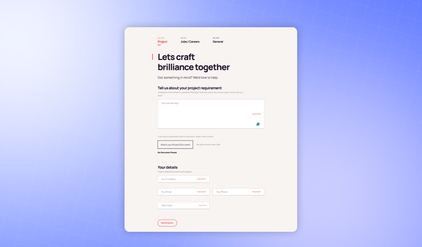 Example of a guided contact form that starts with a message field and collects details step by step