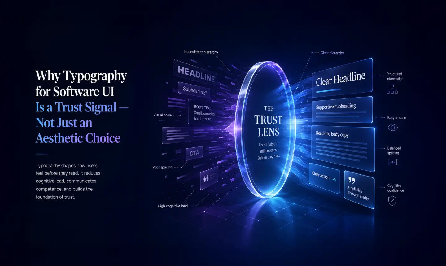 Infographic demonstrating how typography acts as a trust signal in software UI by converting visual noise into a clear, readable hierarchy.