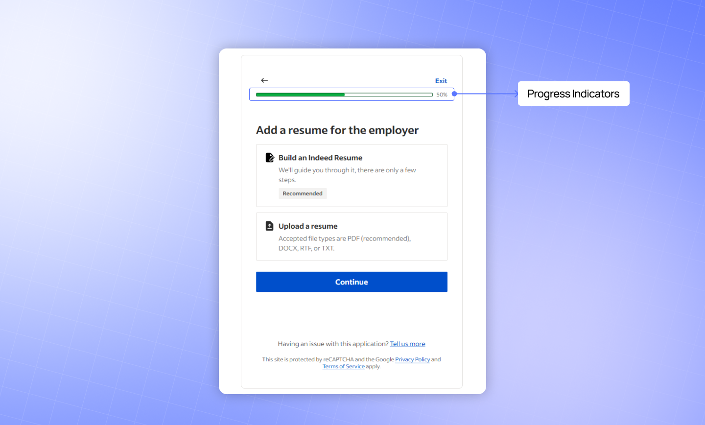 Multi-step form with a progress bar at the top showing the user's current step and remaining steps