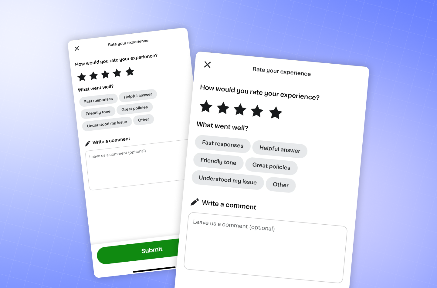 Example of a mobile survey form starting with a quick rating followed by selectable feedback options