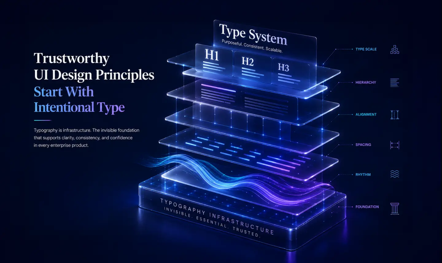 Layered diagram of a scalable UI type system illustrating hierarchy, alignment, spacing, and rhythm as the infrastructure for enterprise products.