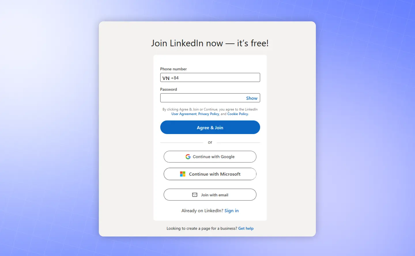 Example of a clean registration form design with minimal fields and social login options