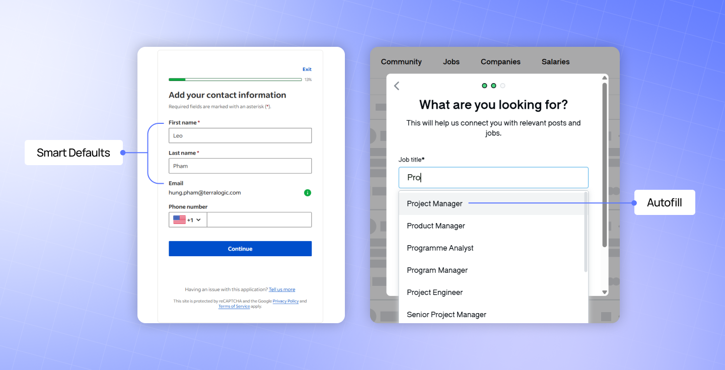 Form field showing autofill suggestions for job titles like Project Manager to reduce manual typing