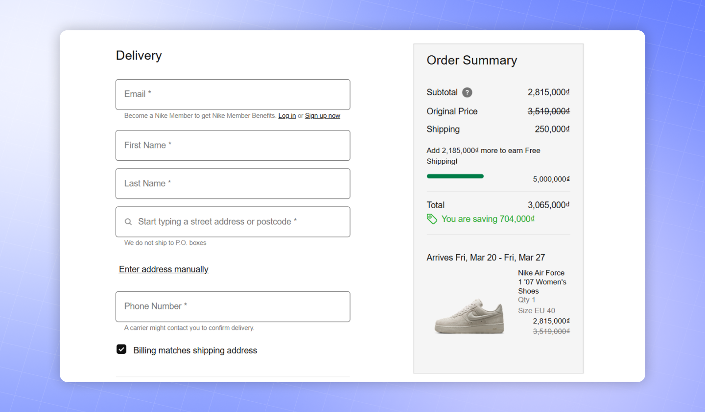 Example of a checkout form combining delivery inputs with a visible order summary