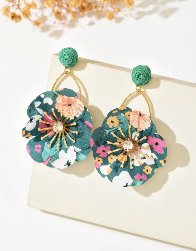Dark Green Rattan Fabric Flower Tassel Earrings thumbnail