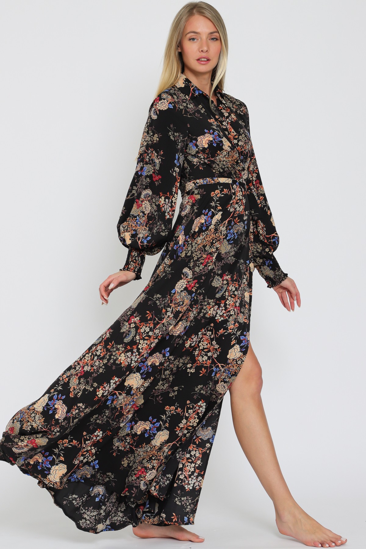 Black Elastic Smocked Sleeve Collar Wrap Maxi Dress (Talla M) thumbnail
