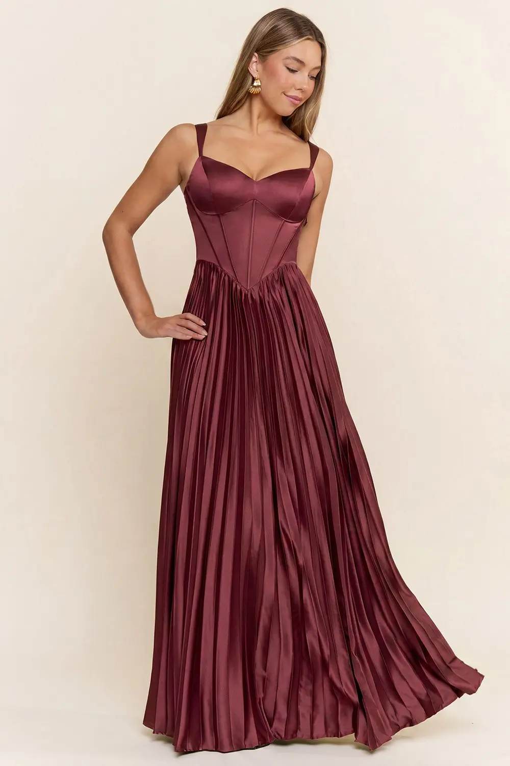 Dusty Plum Corset Pleated Satin Maxi Dress (Talla M) thumbnail