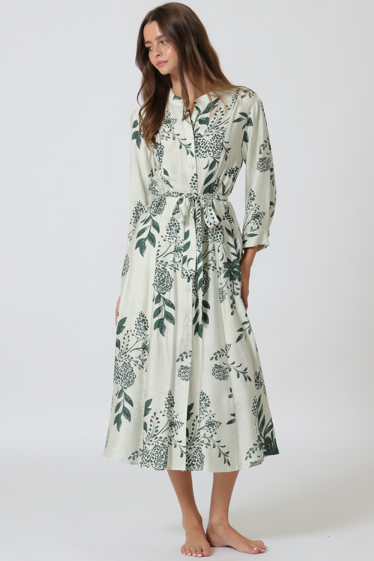 Beige 3/4 Sleeve Button Down Belted Midi Dress (Talla S) thumbnail