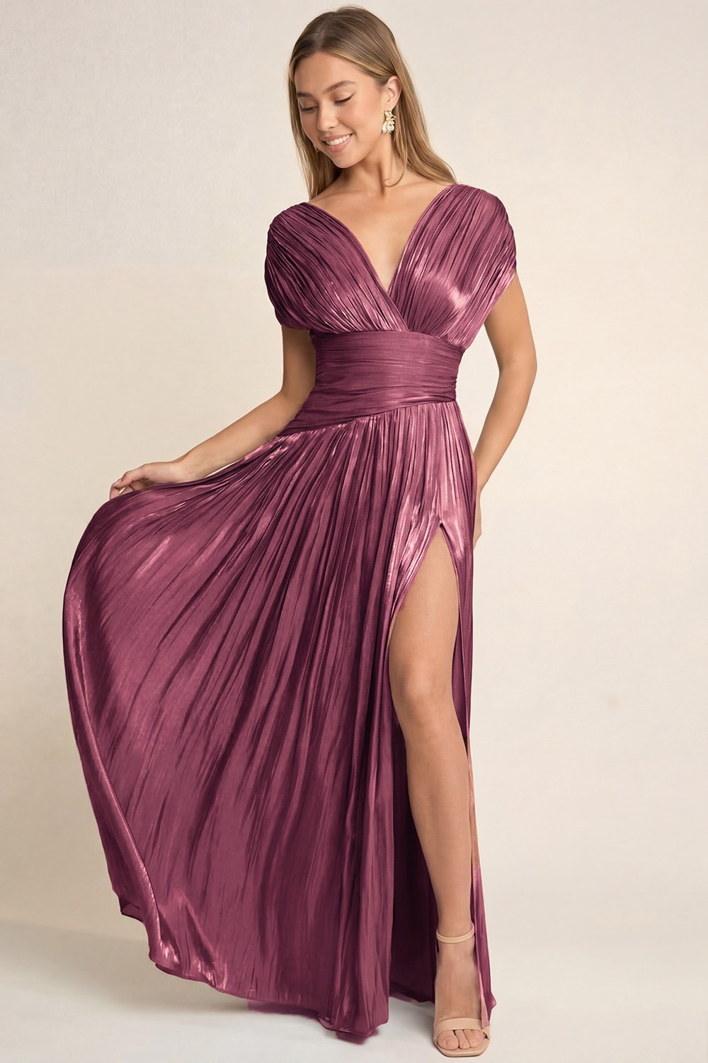 Plus Size Plum Pleated Elegant Dress with Cap Sleeves (Talla 1XL) thumbnail