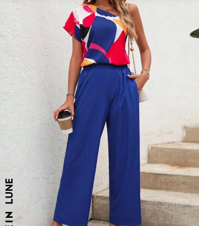 LUNE One Shoulder Dolman Sleeve Blouse & Wide Leg Pants (Talla M) thumbnail
