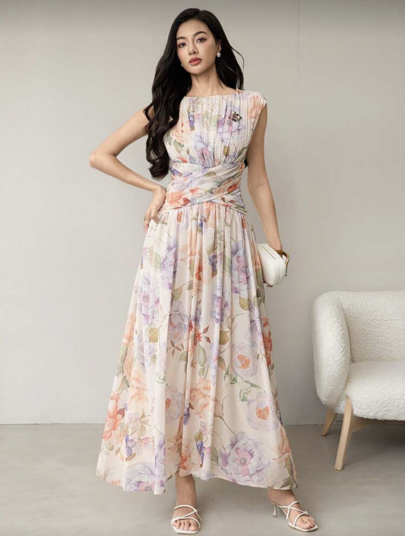 Multicolor  Elegant Floral All-Over Print Long Dress (Talla S) thumbnail