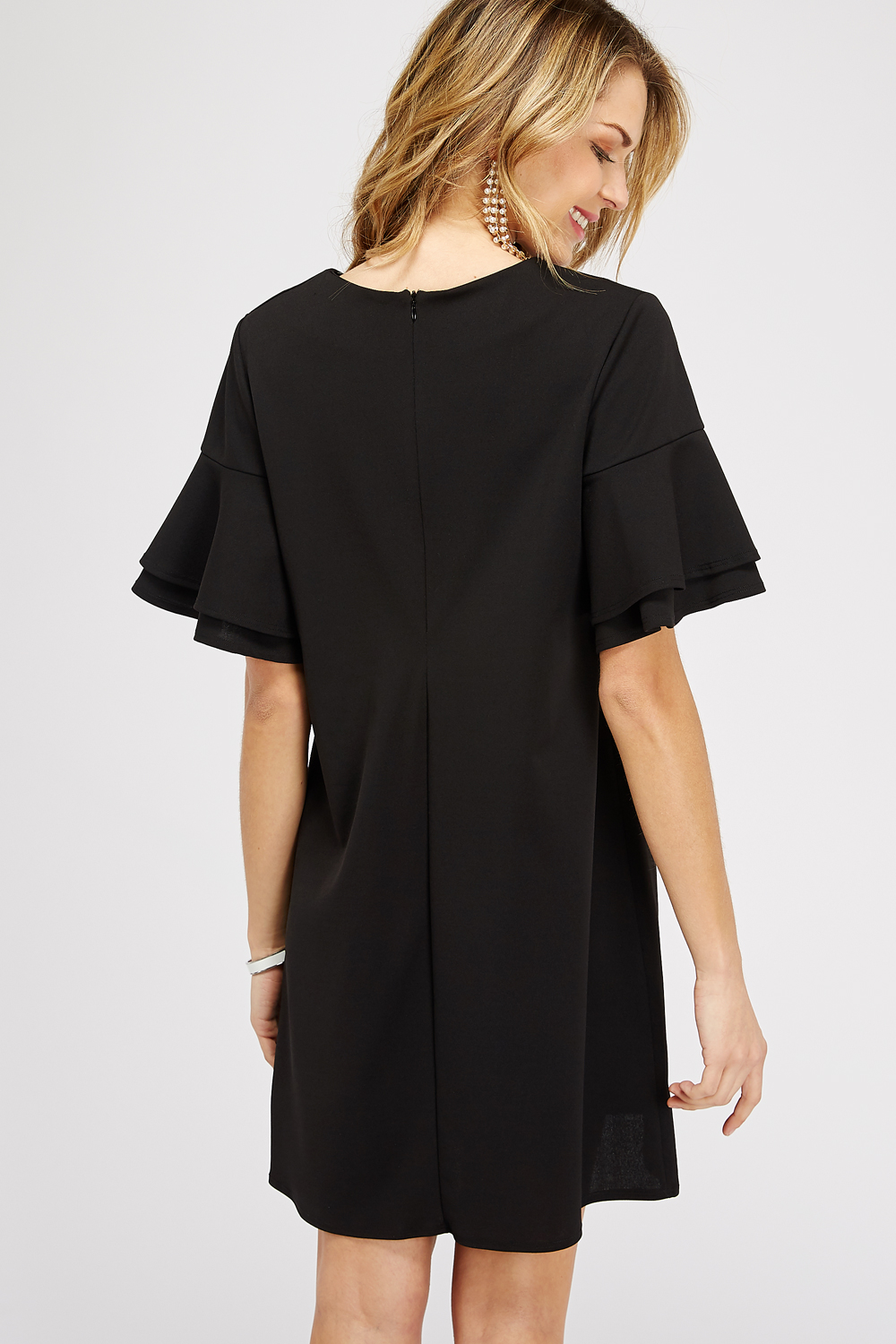 Black Double Ruffle Sleeve Shift Dress (Talla S) thumbnail