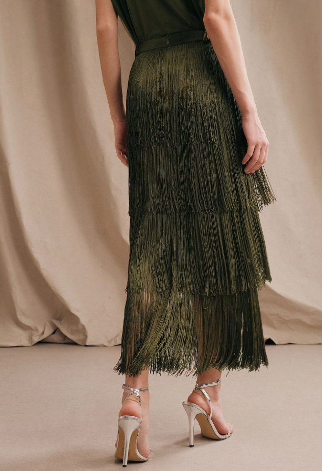 Olive Green Layered Tassel Midi Skirt (Talla M) thumbnail