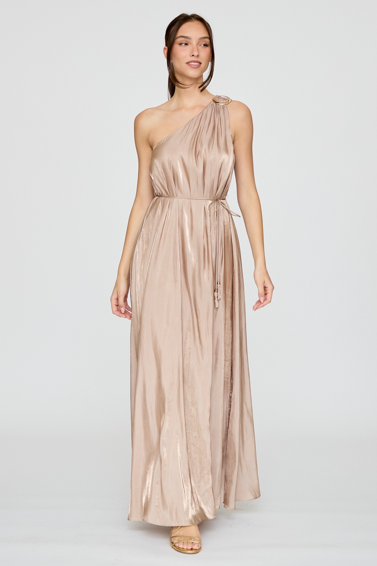 Golden Beige One Shoulder Metallic Trim Maxi Dress (Talla M) thumbnail