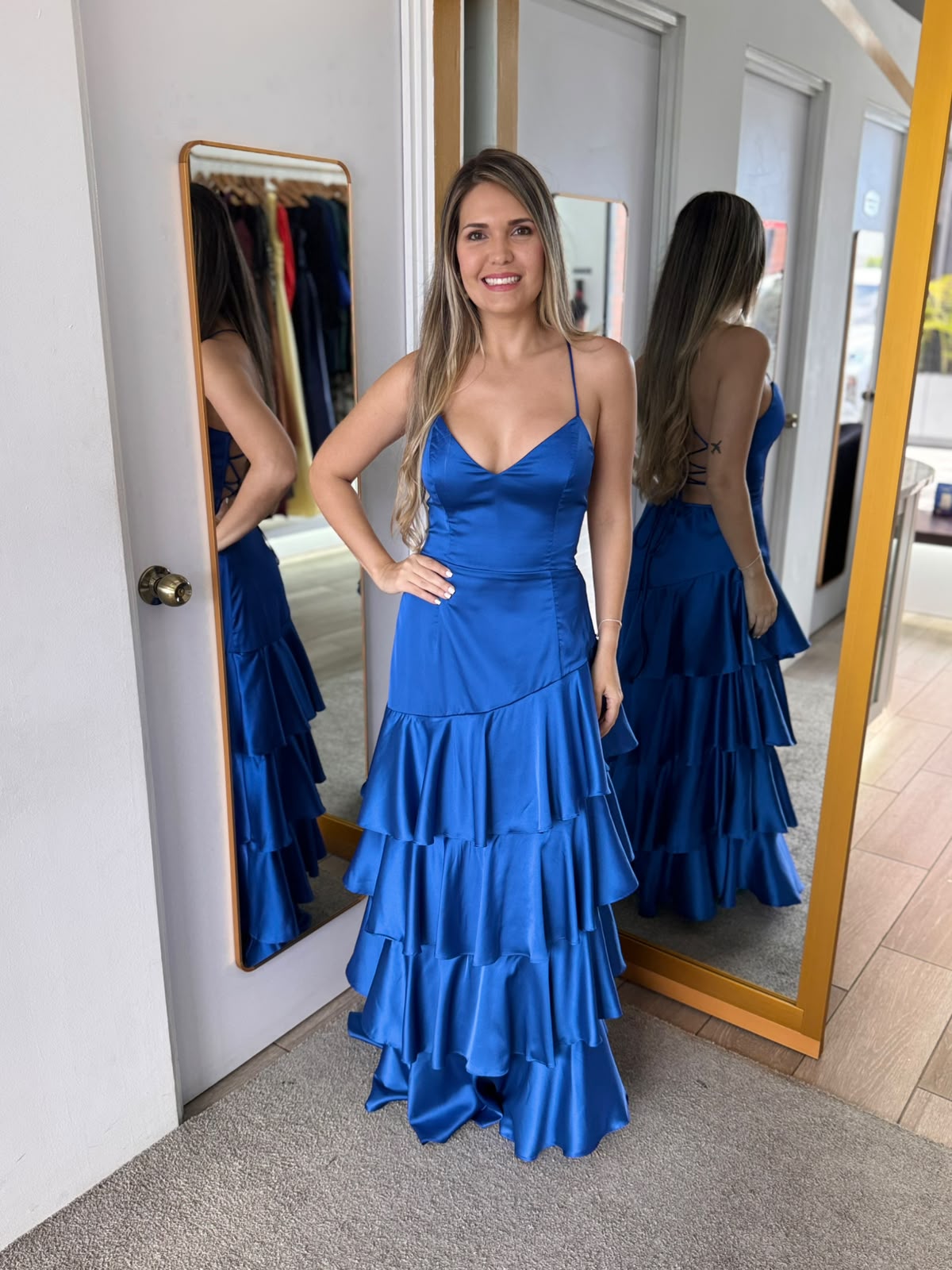 Blue Unlined Asymmetrical Tiered Dress (Talla L)