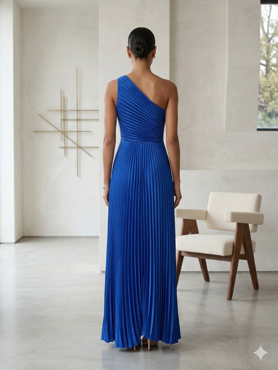 Royal Blue Pleated One Shoulder Maxi Dress (Talla S) thumbnail