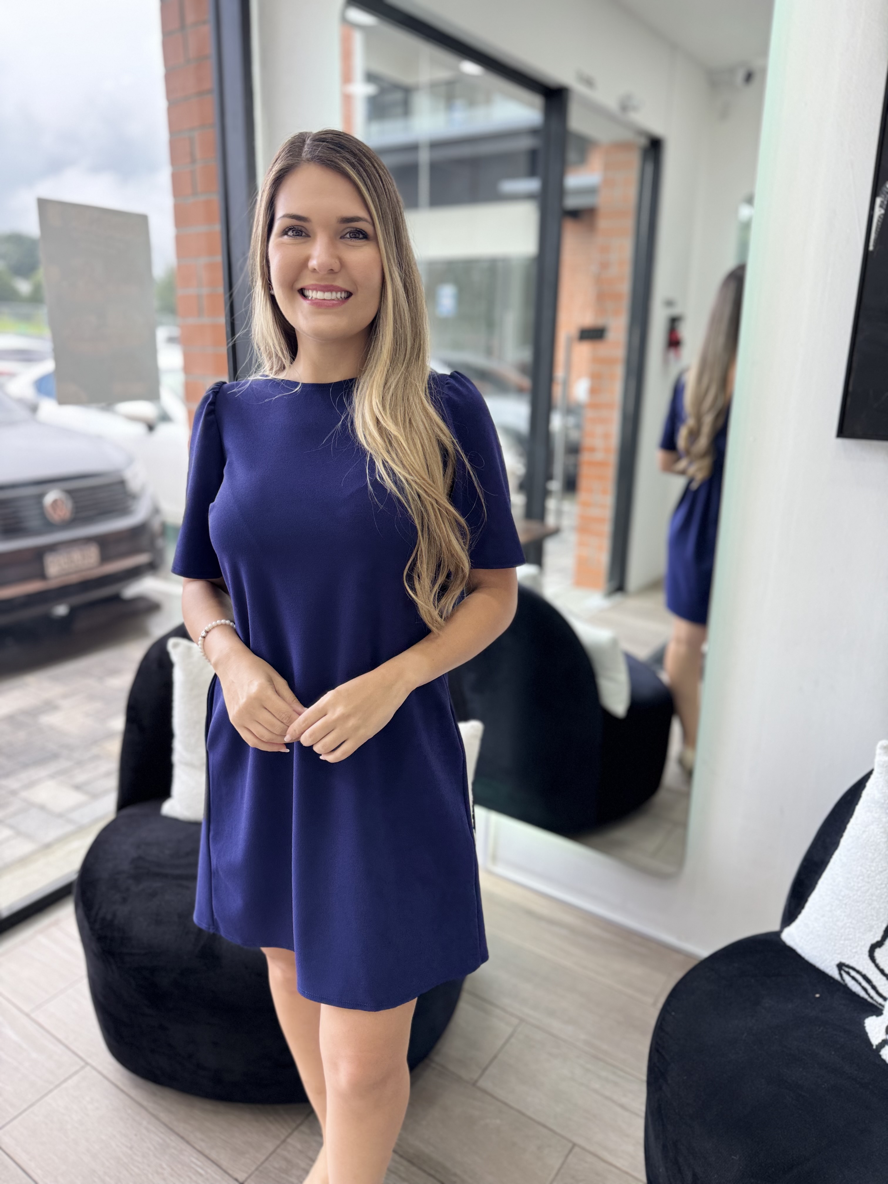 Navy solid shift dress short puff sleeve (Talla S)
