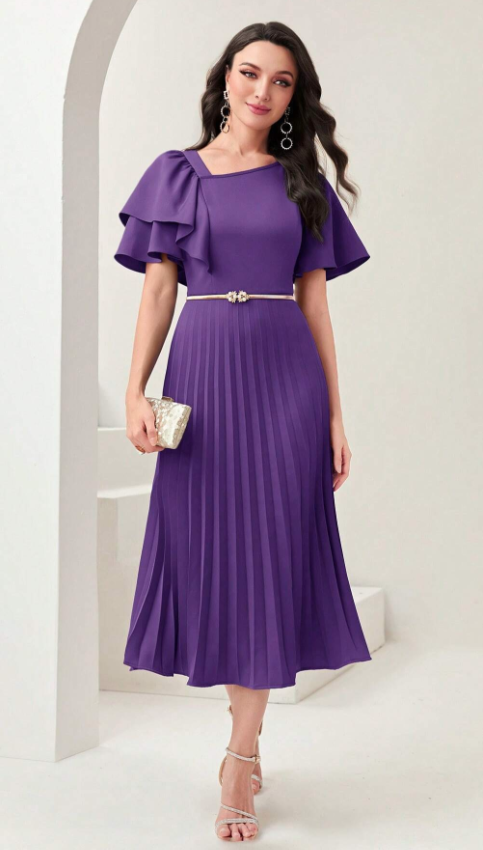 Purple Asymmetrical Pleated Hem Dress (Talla S)