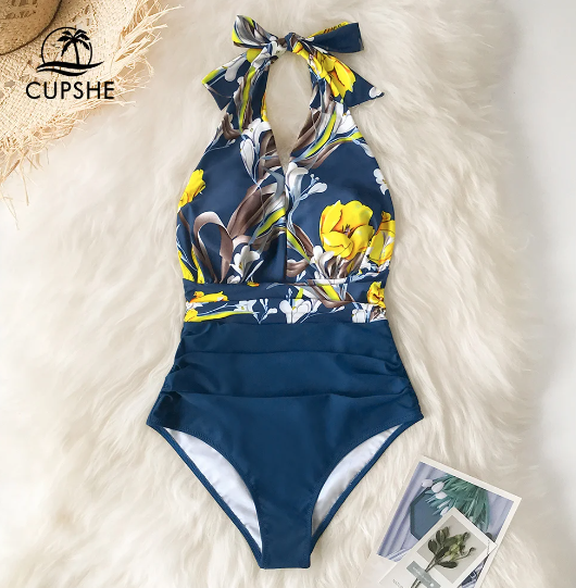Blue Deep V-neck Halter One-Piece Swimsuit (Talla M) thumbnail