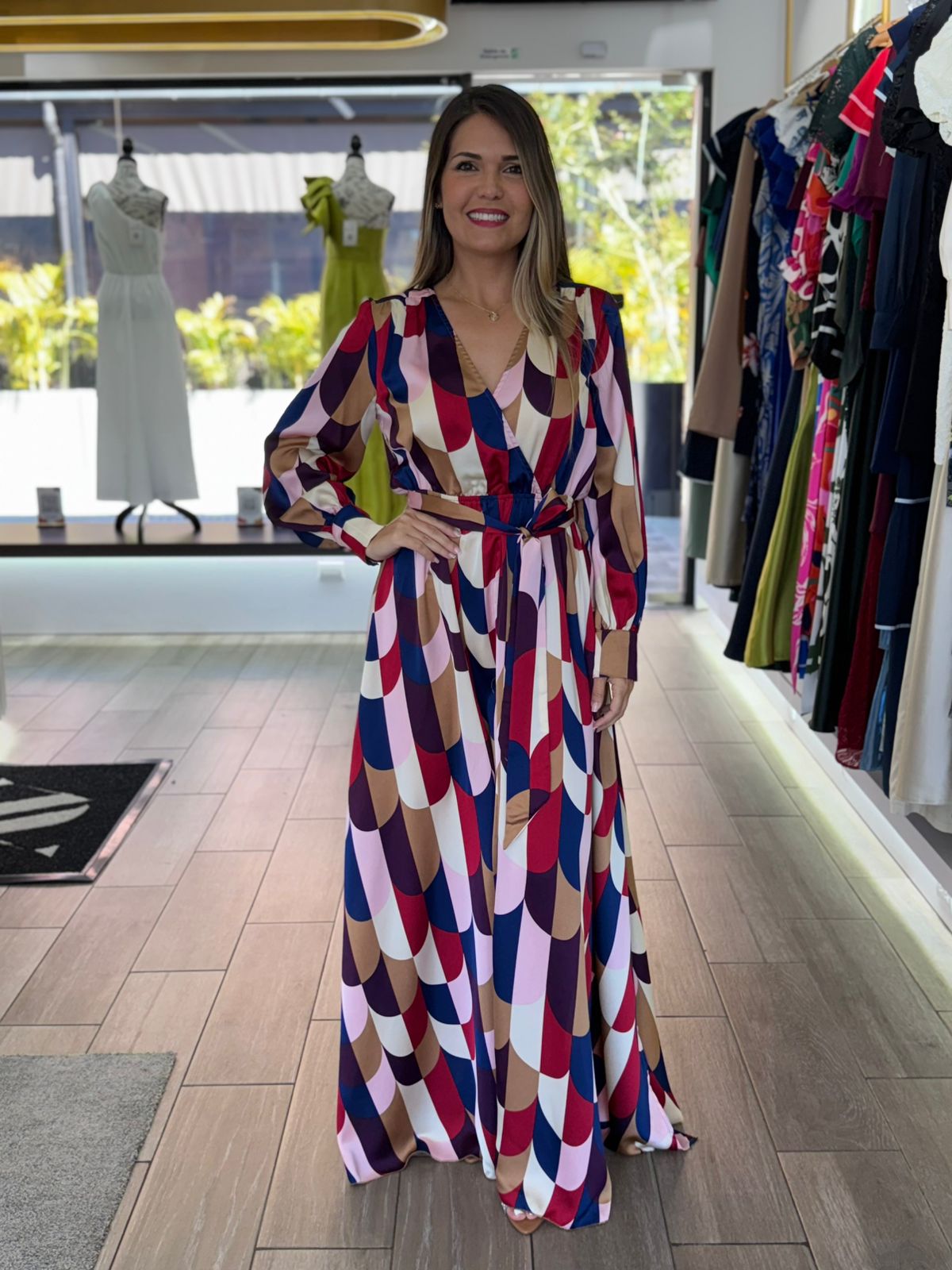 Navy & Red Long Sleeve Elastic Waisted Belted Maxi Dress (Talla S)