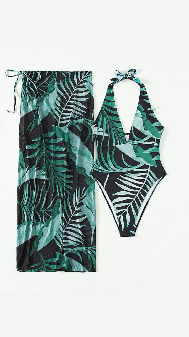 Plant Print Halter One Piece Swimsuit & Beach Skirt (Talla L)