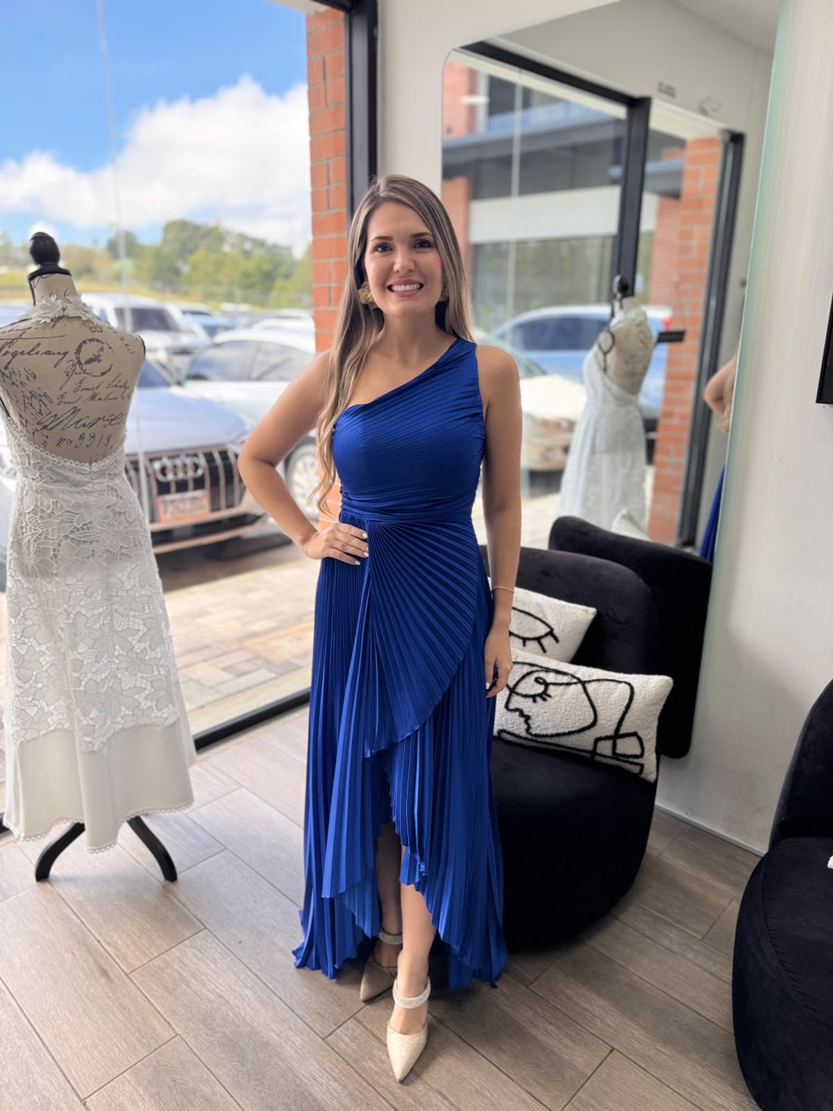 Royal Blue Pleated One Shoulder Maxi Dress (Talla S)