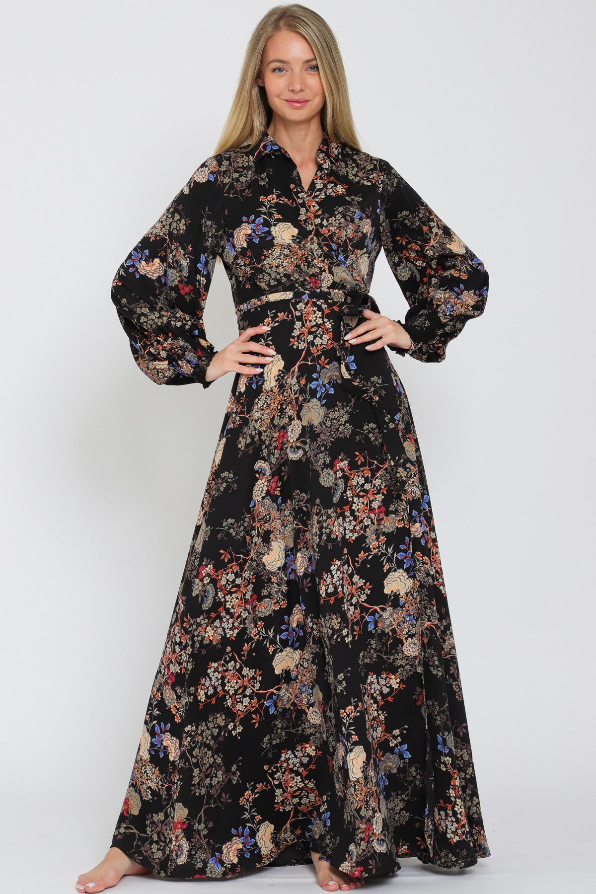 Black Elastic Smocked Sleeve Collar Wrap Maxi Dress (Talla S) thumbnail