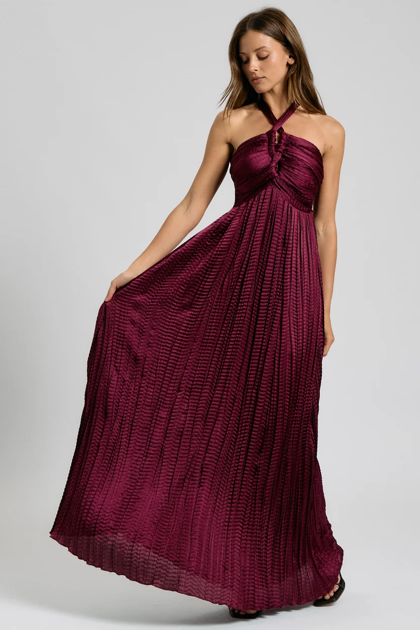 Wine Crinkle Pleated Halter Smocked Maxi Dress (Talla M) thumbnail
