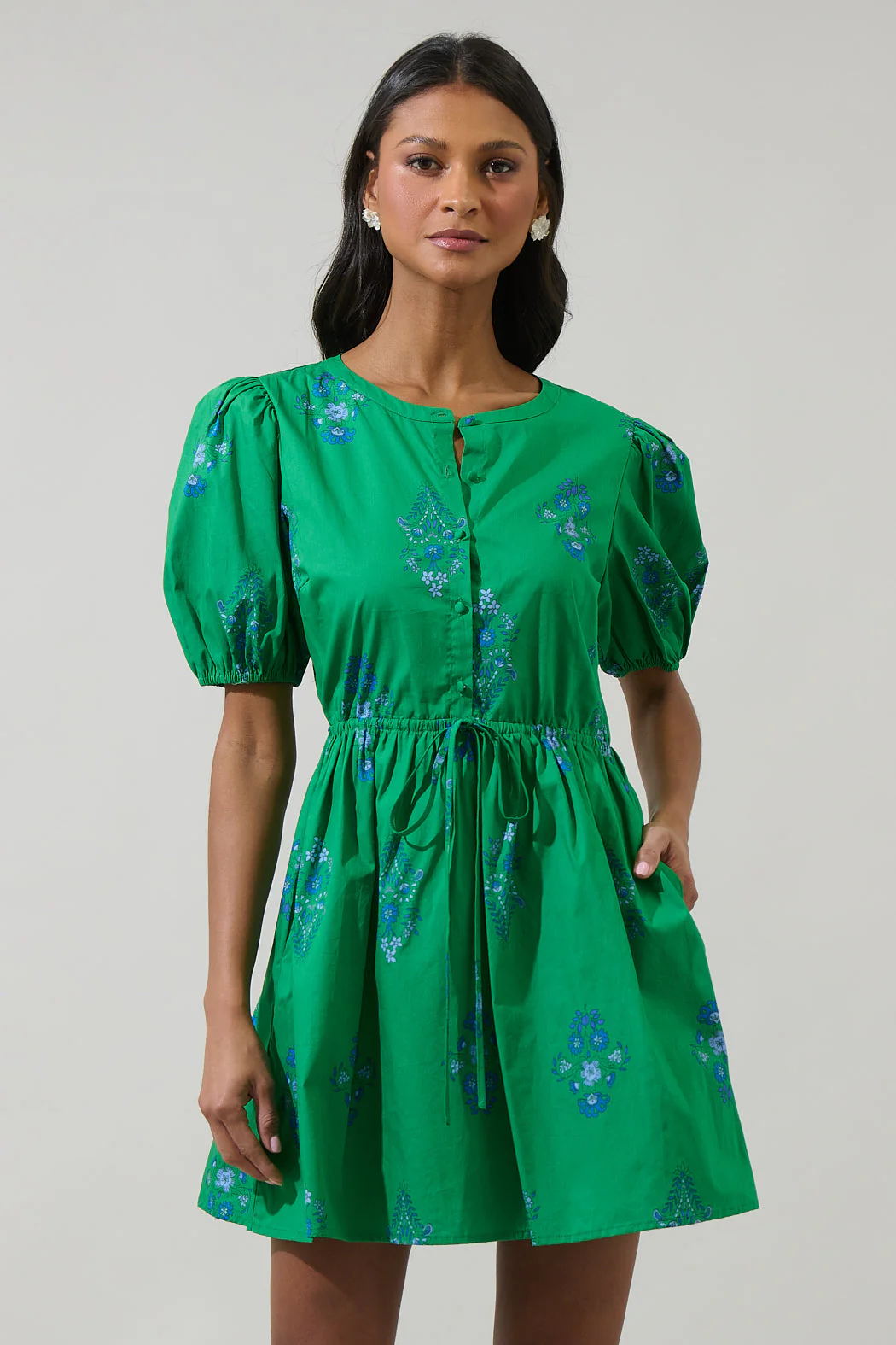 Halina Floral Alba Puff Sleeve Mini Dress (Talla S) thumbnail