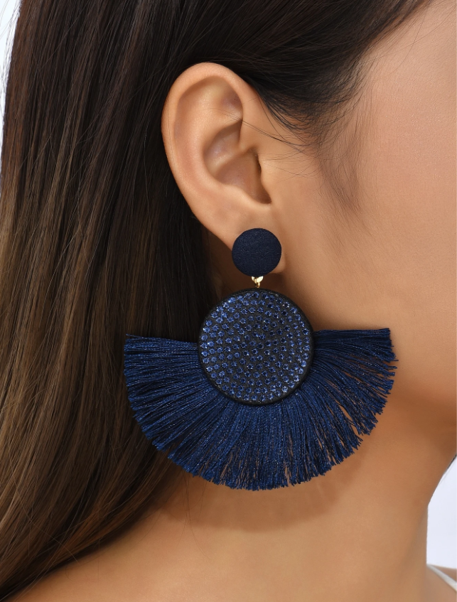Navy Rhinestone Decor Tassel Drop Earrings