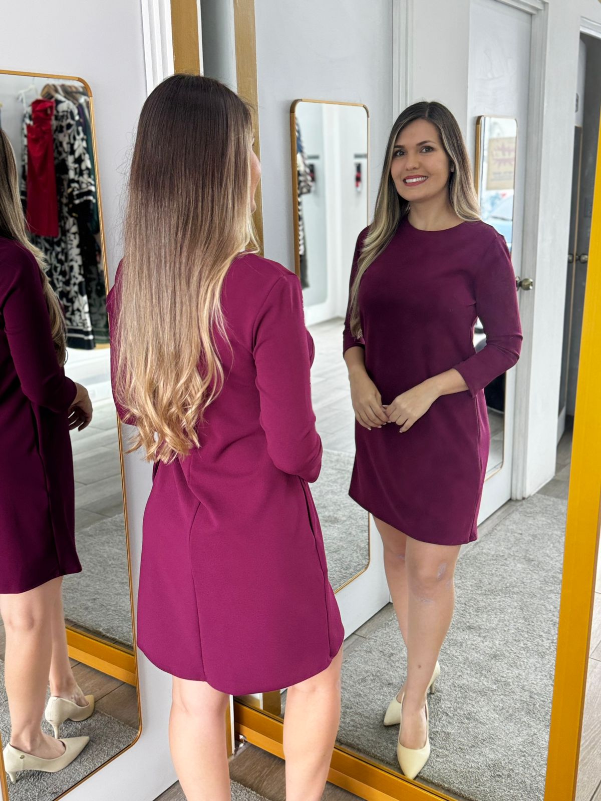 Wine Solid shift dress 3/4 sleeve (Talla M) thumbnail