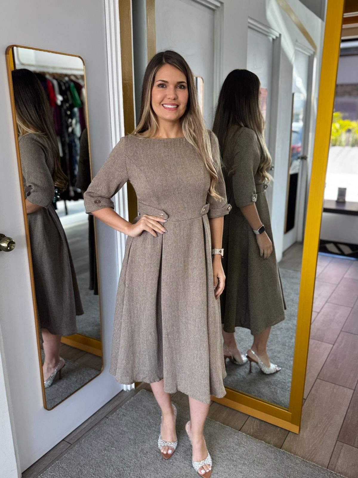 Khaki  Vintage Classic Elegant Women's Dress (Talla M) thumbnail