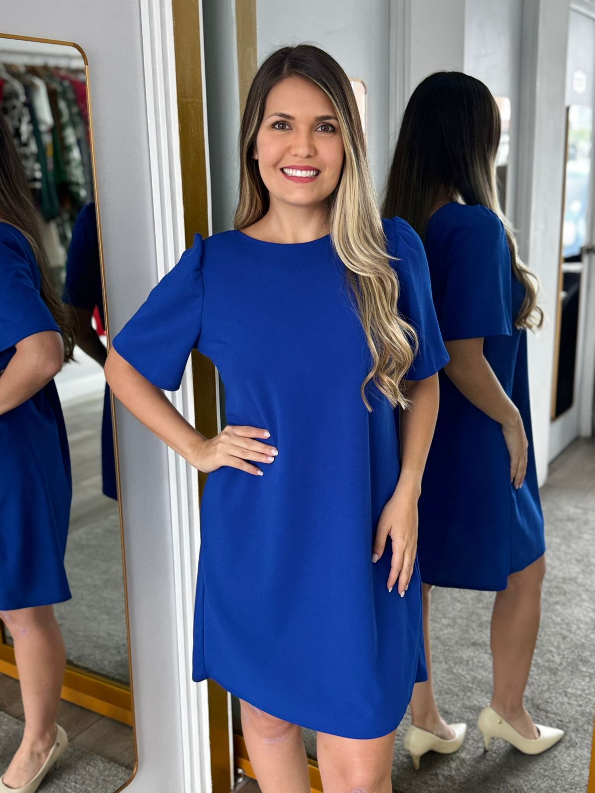 Cobalt solid shift dress short puff sleeve (Talla M)