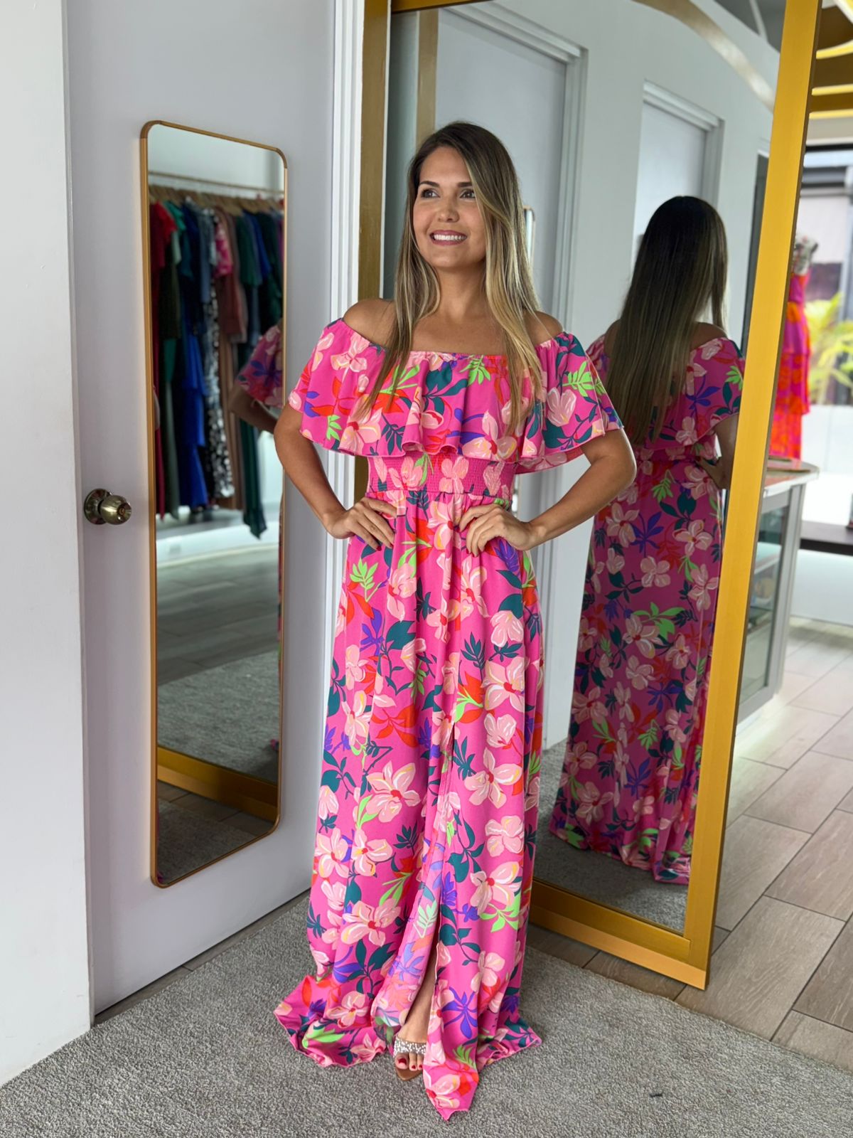 Pink Off Shoulder Tropical Maxi Dress (Talla S)
