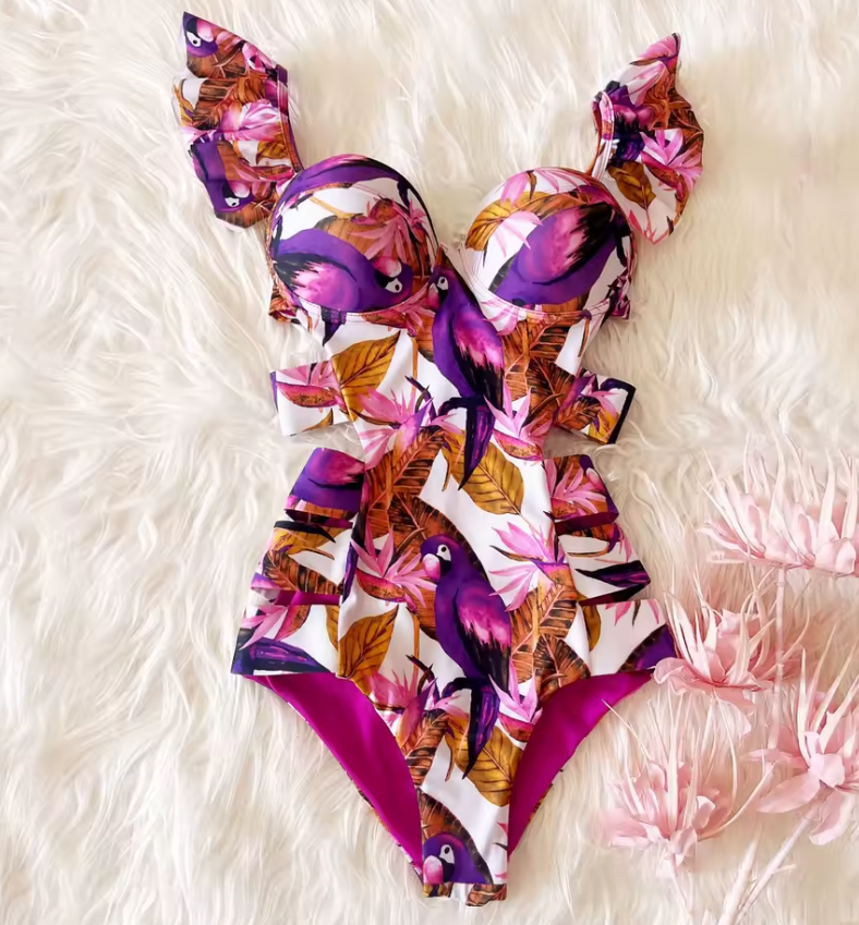 Floral Bright Tropical Bird Print Ruffle One-piece Swimsuit (Talla M)