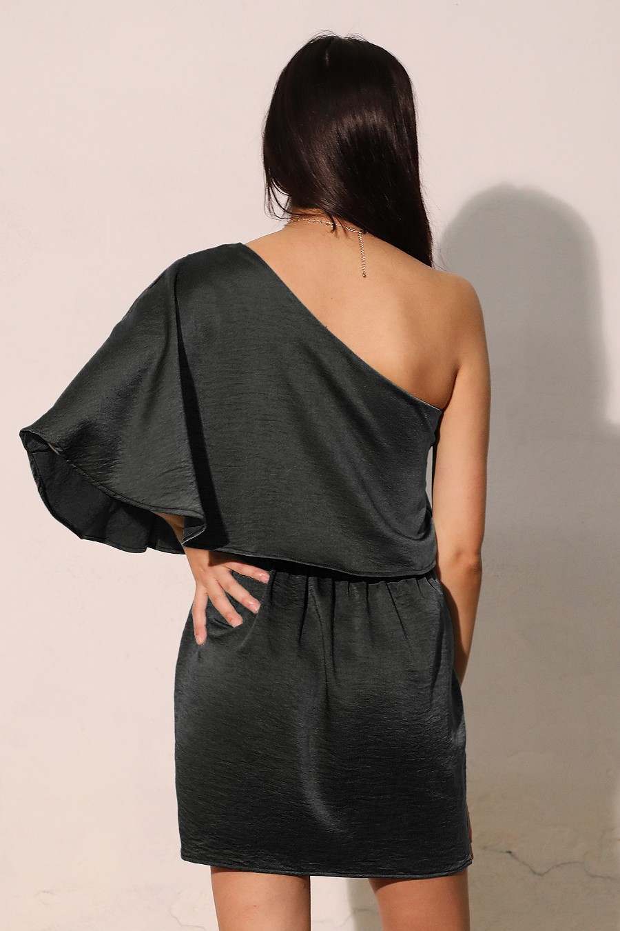 Black Washed Crepe Satin One Sleeve Bodycon Dress (Talla S) thumbnail
