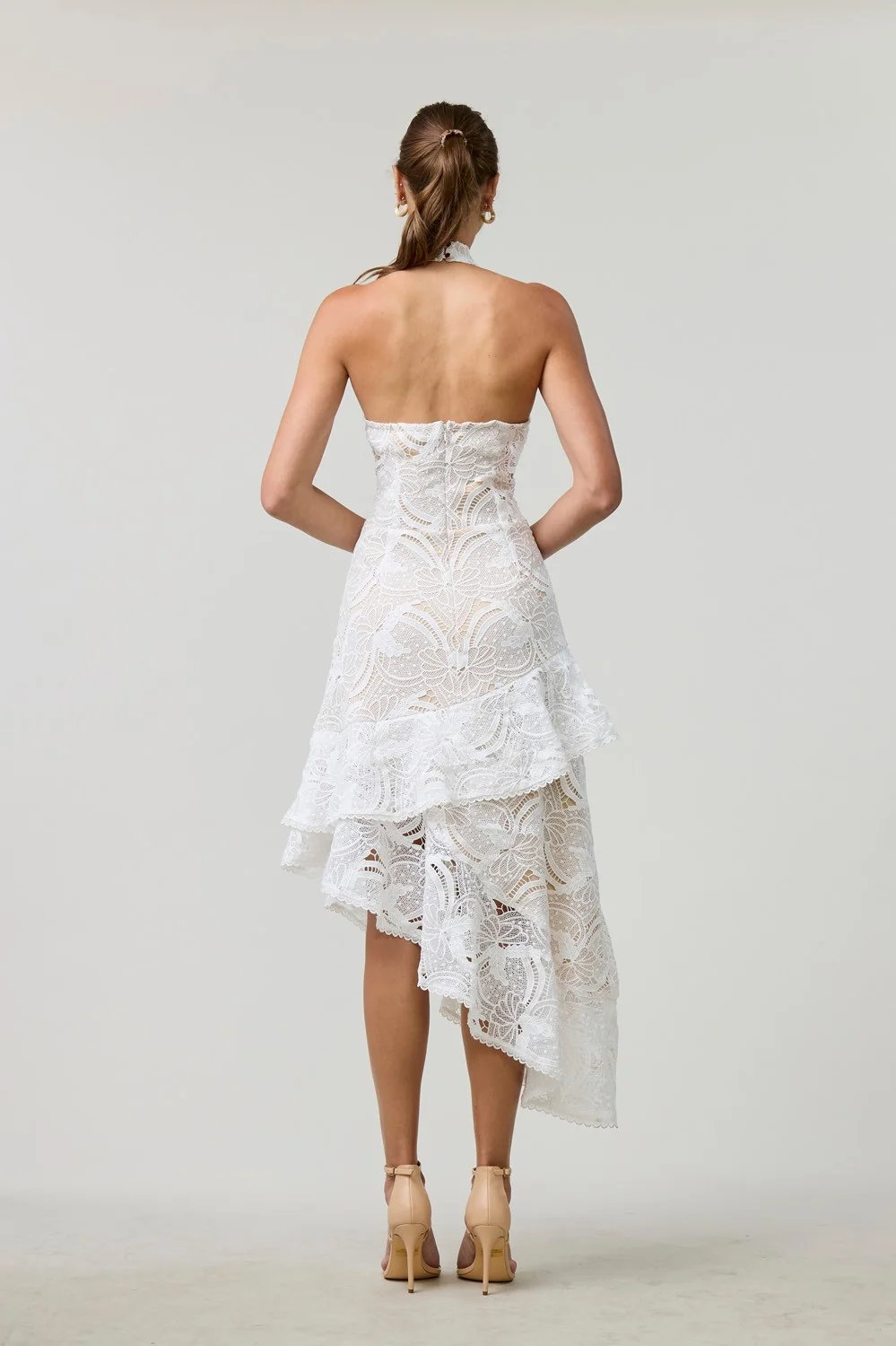 White Lace Halter Asymmetrical Midi Dress (Talla S) thumbnail