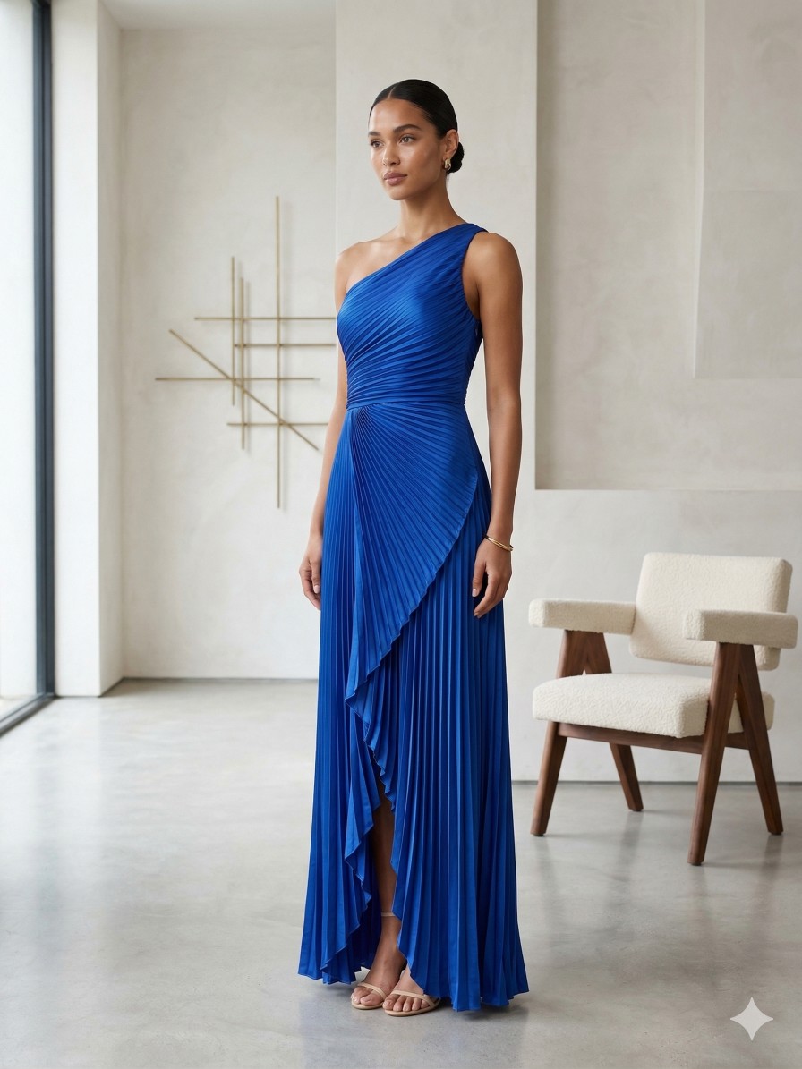 Royal Blue Pleated One Shoulder Maxi Dress (Talla M) thumbnail
