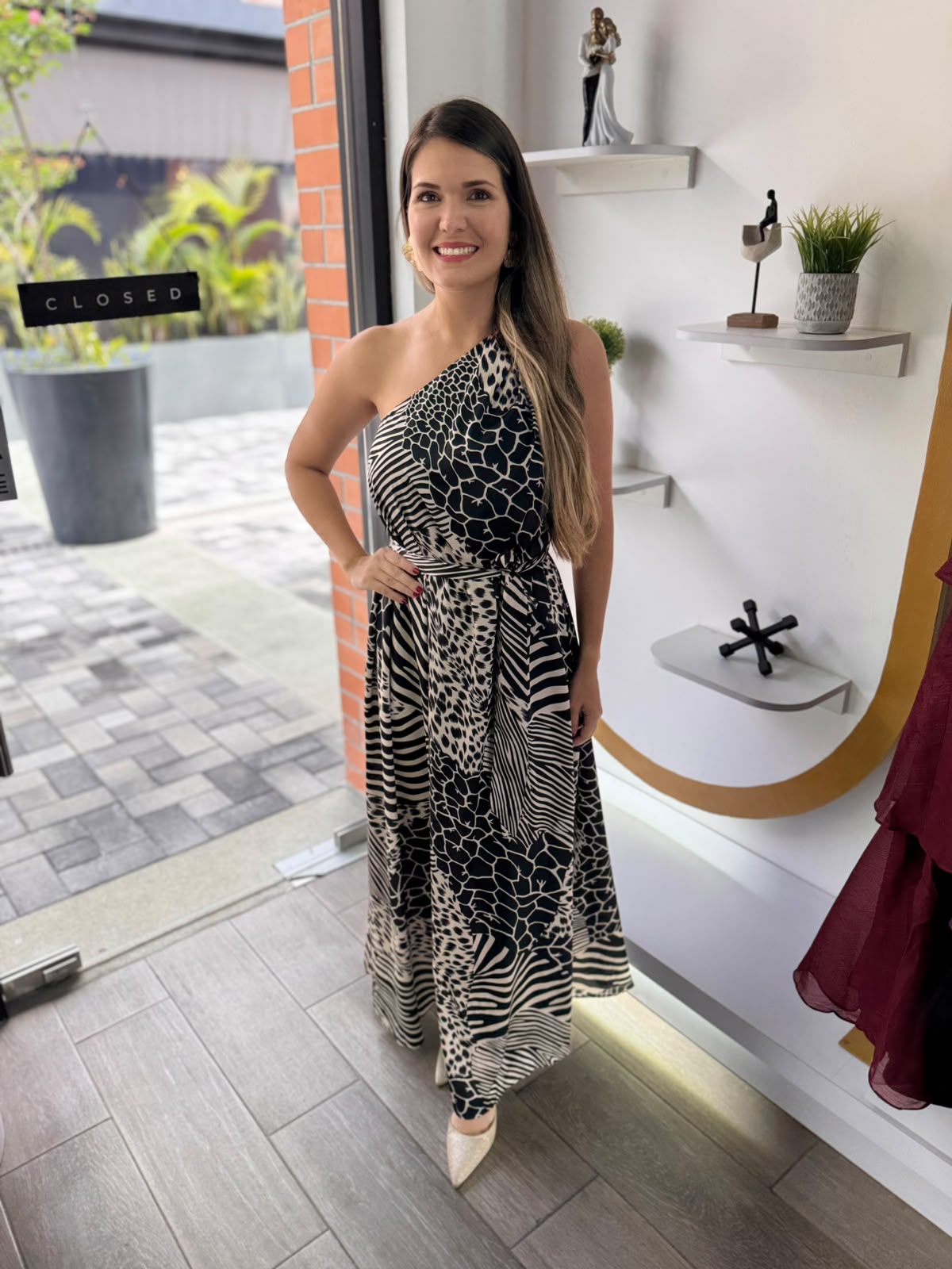 One Shoulder Gold Ring Animal Print Maxi Dress (Talla M)