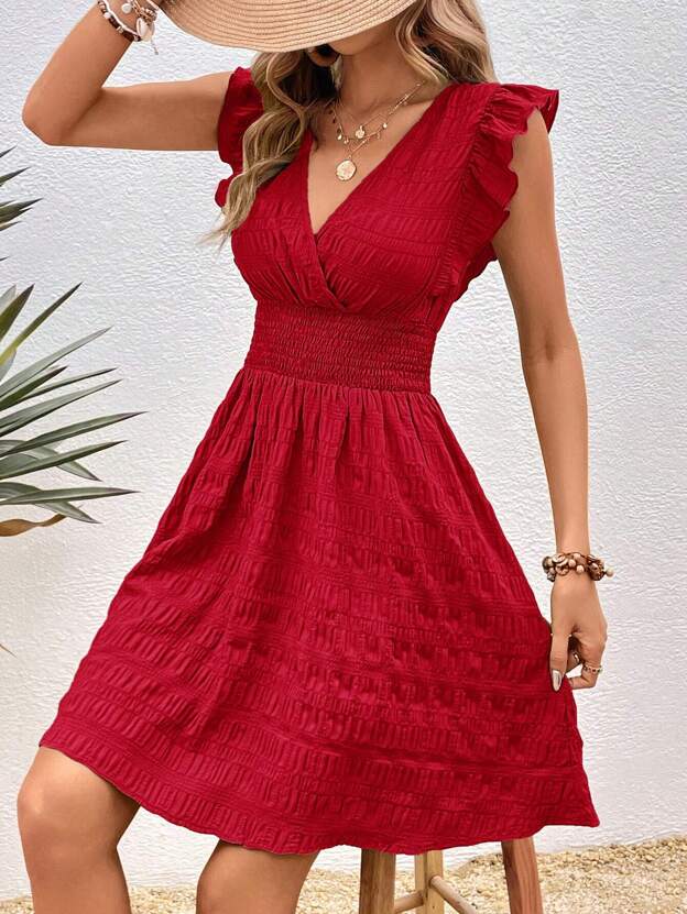 Red Ruffle Trim Surplice Neck A-line Dress (Talla S)