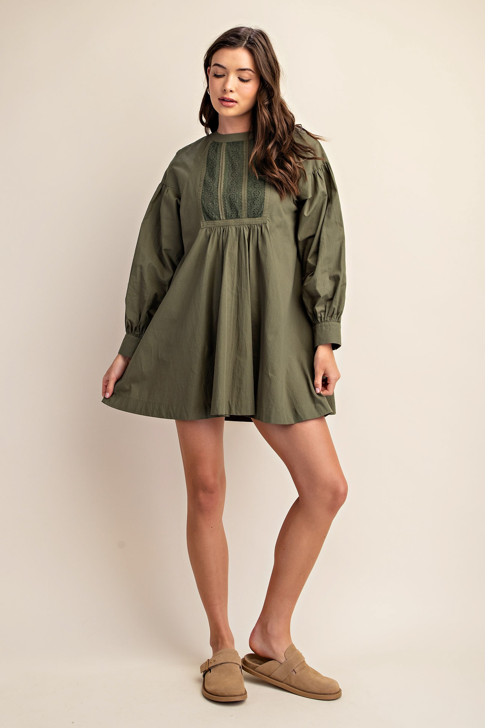 Olive Long Sleeve Mini Dress with Lace (Talla L) thumbnail