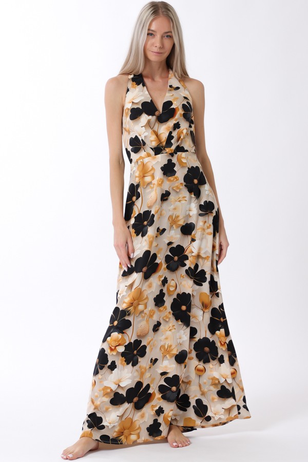 Black & Gold Halter Tie Back Neck Cb Zipper Maxi Dress (Talla M) thumbnail