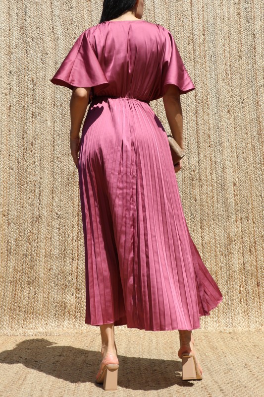 Dark Mauve V Neck Satin Pleated Midi Dress (Talla L) thumbnail
