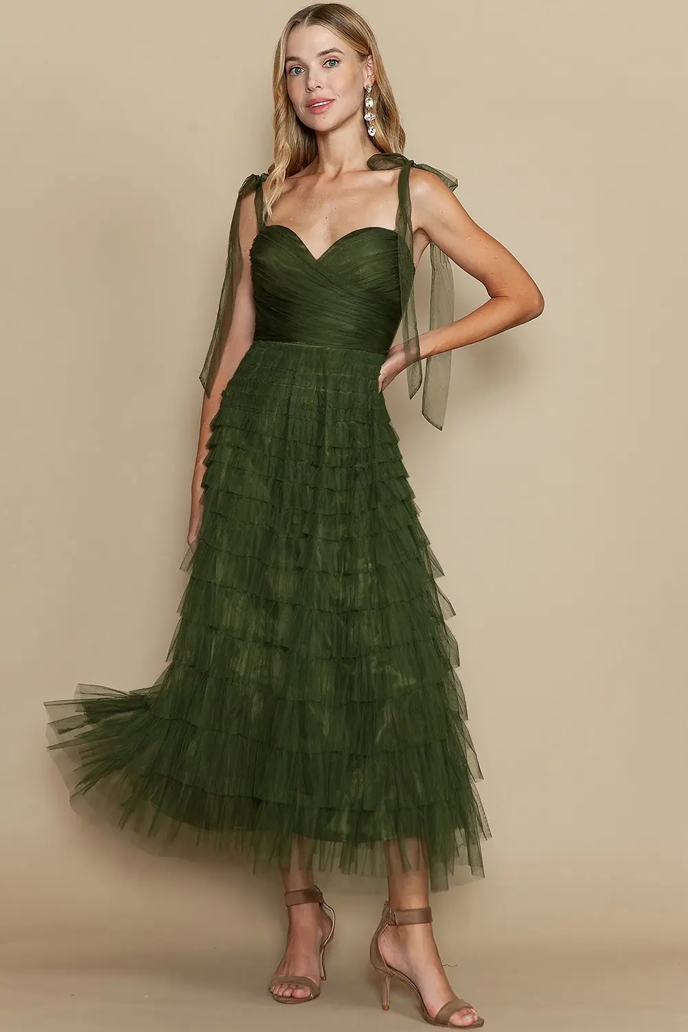 Olive Tulle Self Tie Straps Midi Dress (Talla S) thumbnail