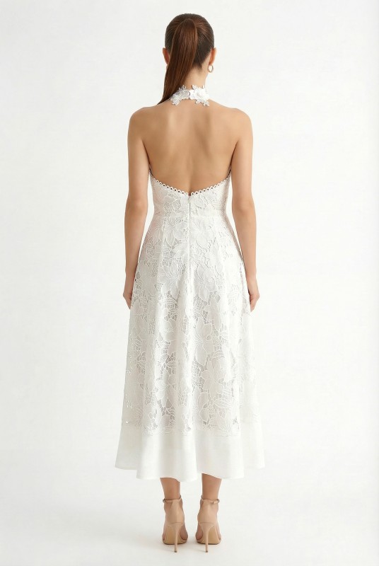 White Elegant High-neck Lace Midi Dress (Talla L) thumbnail